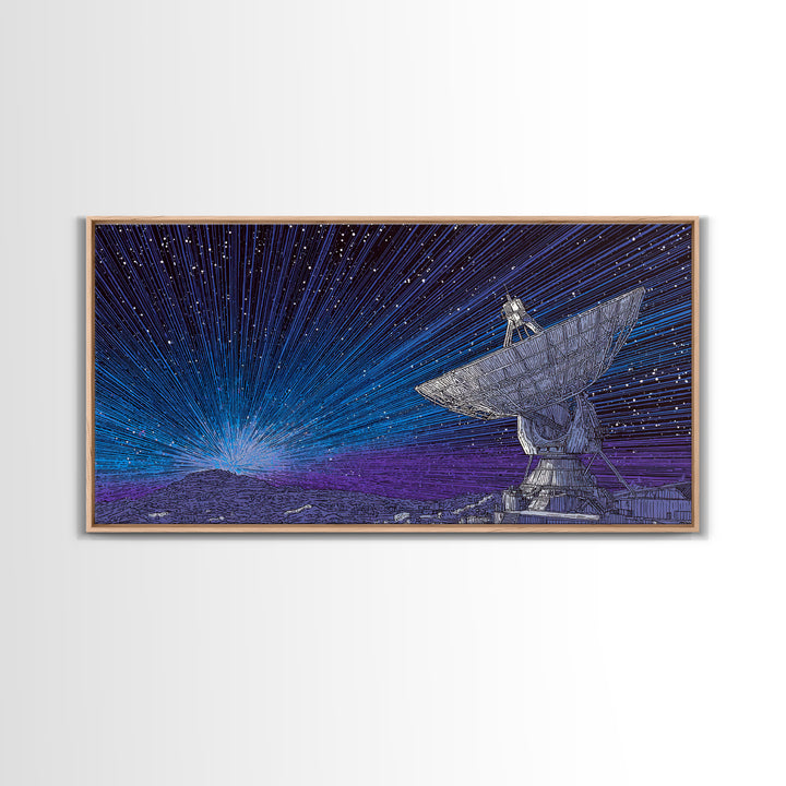 Blue Radio Telescope Starburst Canvas Print, Midcentury Modern Sci Fi Wall Art, Space Abstract Poster, Retro Home Decor Gift