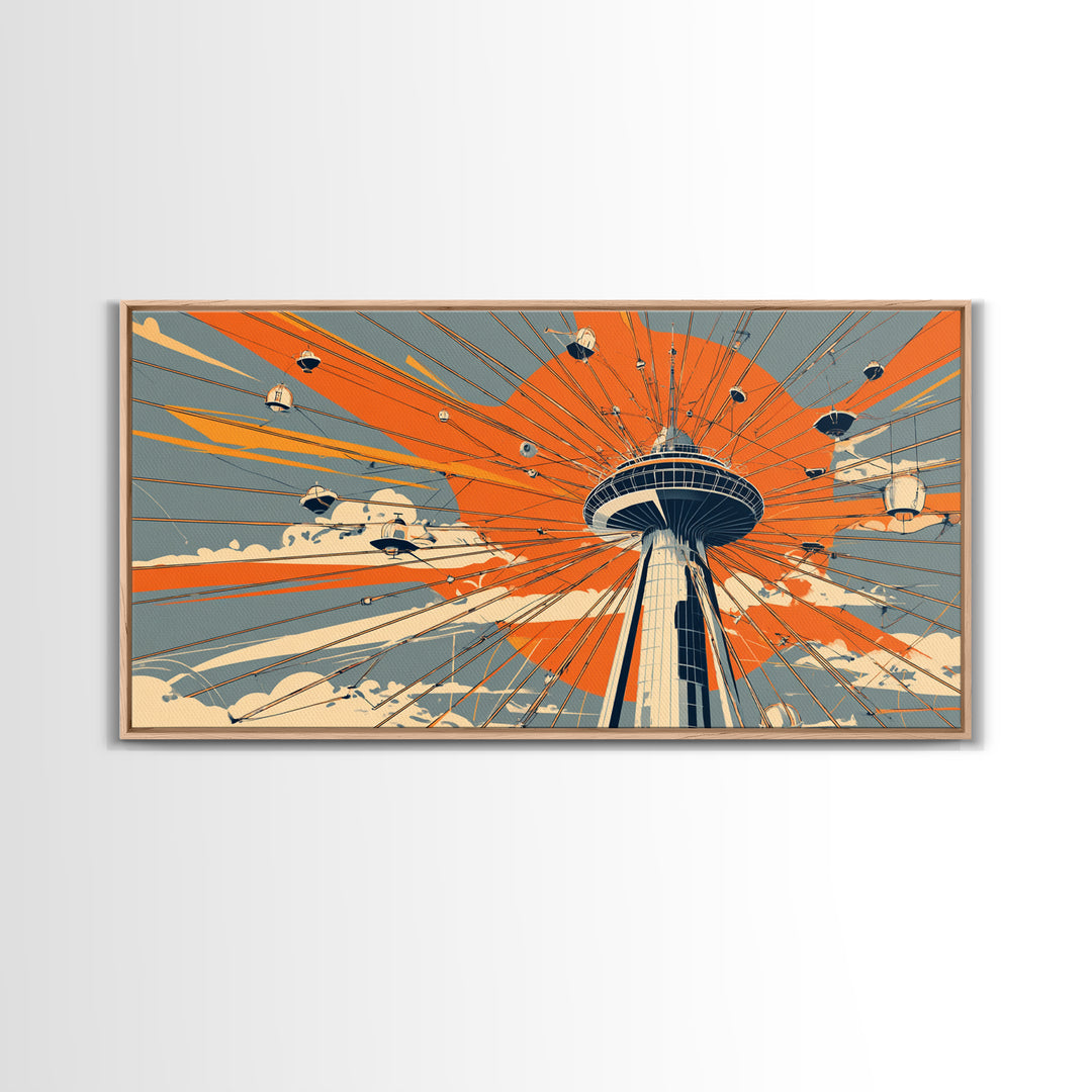Retro Space Needle With Flying Saucers Canvas Print, Midcentury Modern Wall Art, Orange Sun Poster, Sci Fi Seattle Decor