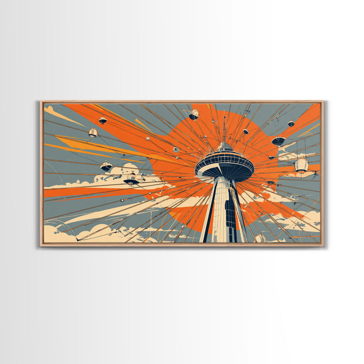 Retro Space Needle With Flying Saucers Canvas Print, Midcentury Modern Wall Art, Orange Sun Poster, Sci Fi Seattle Decor