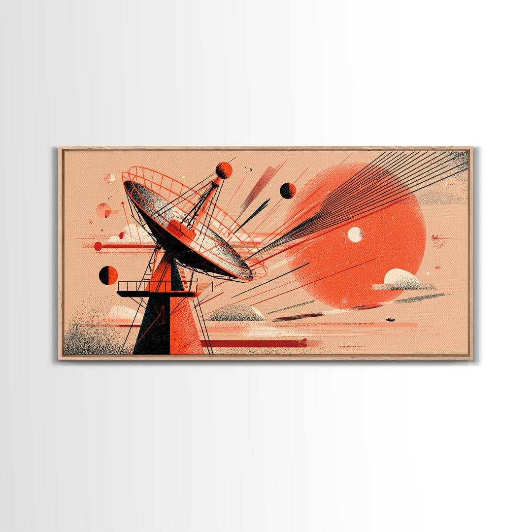 Red Satellite Dish And Orange Sun Wall Art, Midcentury Modern Space Abstract Print, Retro Sci Fi Poster, Modern Wall Decor