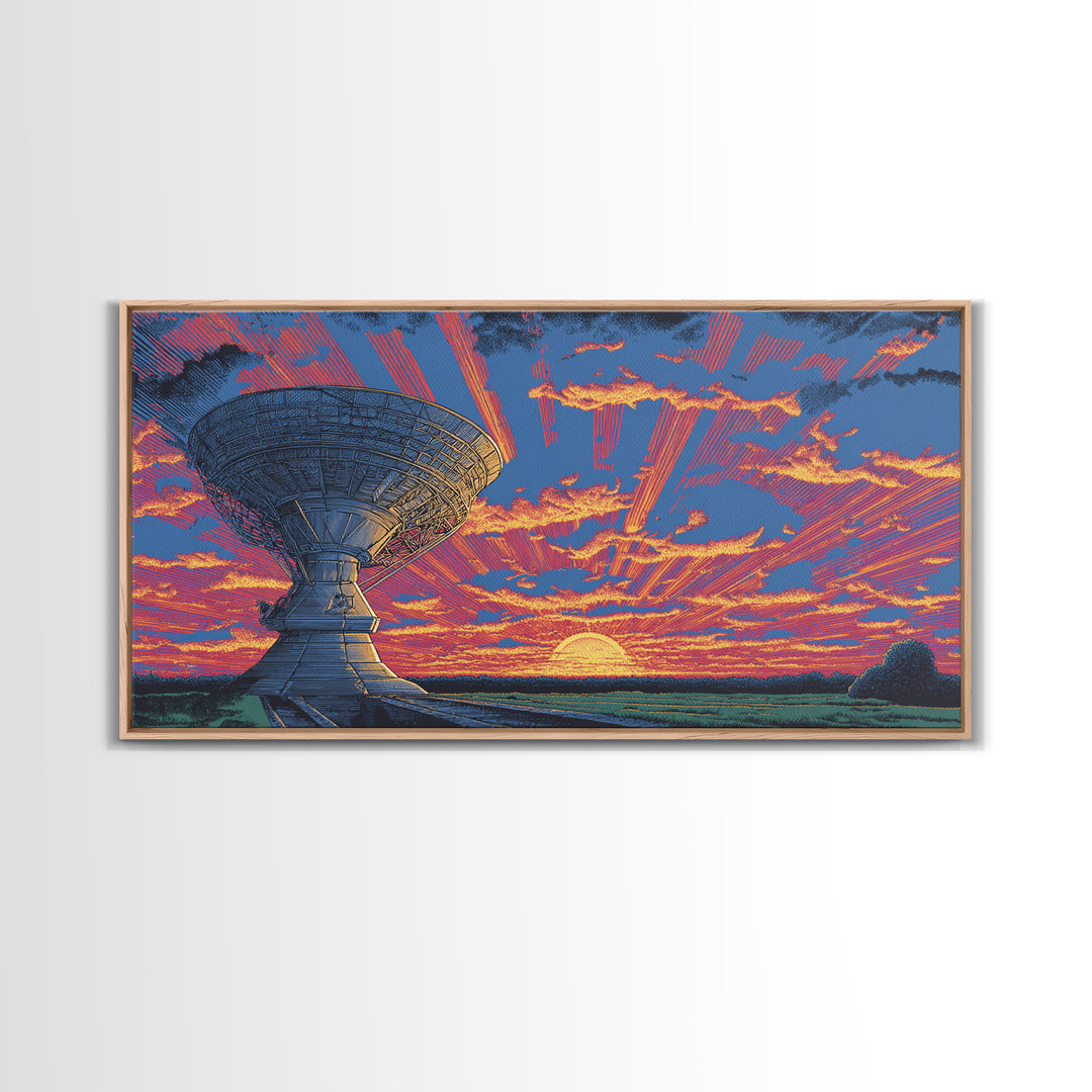 Radio Telescope At Neon Sunset Wall Art, Midcentury Modern Space Abstract Print, Retro Sci Fi Poster, Vibrant Office Decor