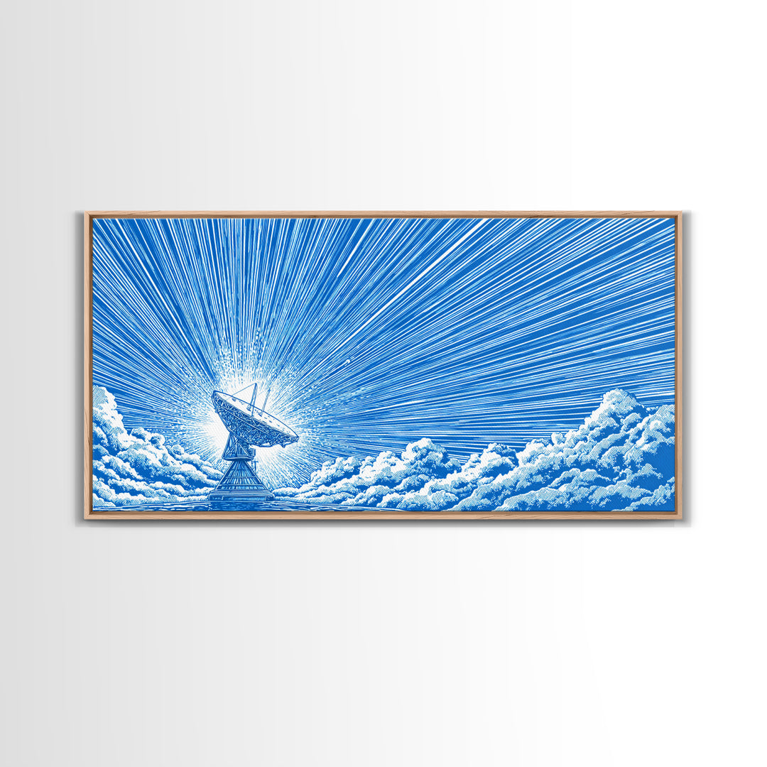 Blue Radio Telescope Skyburst Wall Art, Retro Sci Fi Poster, Atomic Midcentury Modern Art Print For Office And Home Wall Decor