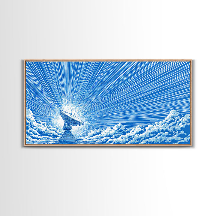 Blue Radio Telescope Skyburst Wall Art, Retro Sci Fi Poster, Atomic Midcentury Modern Art Print For Office And Home Wall Decor