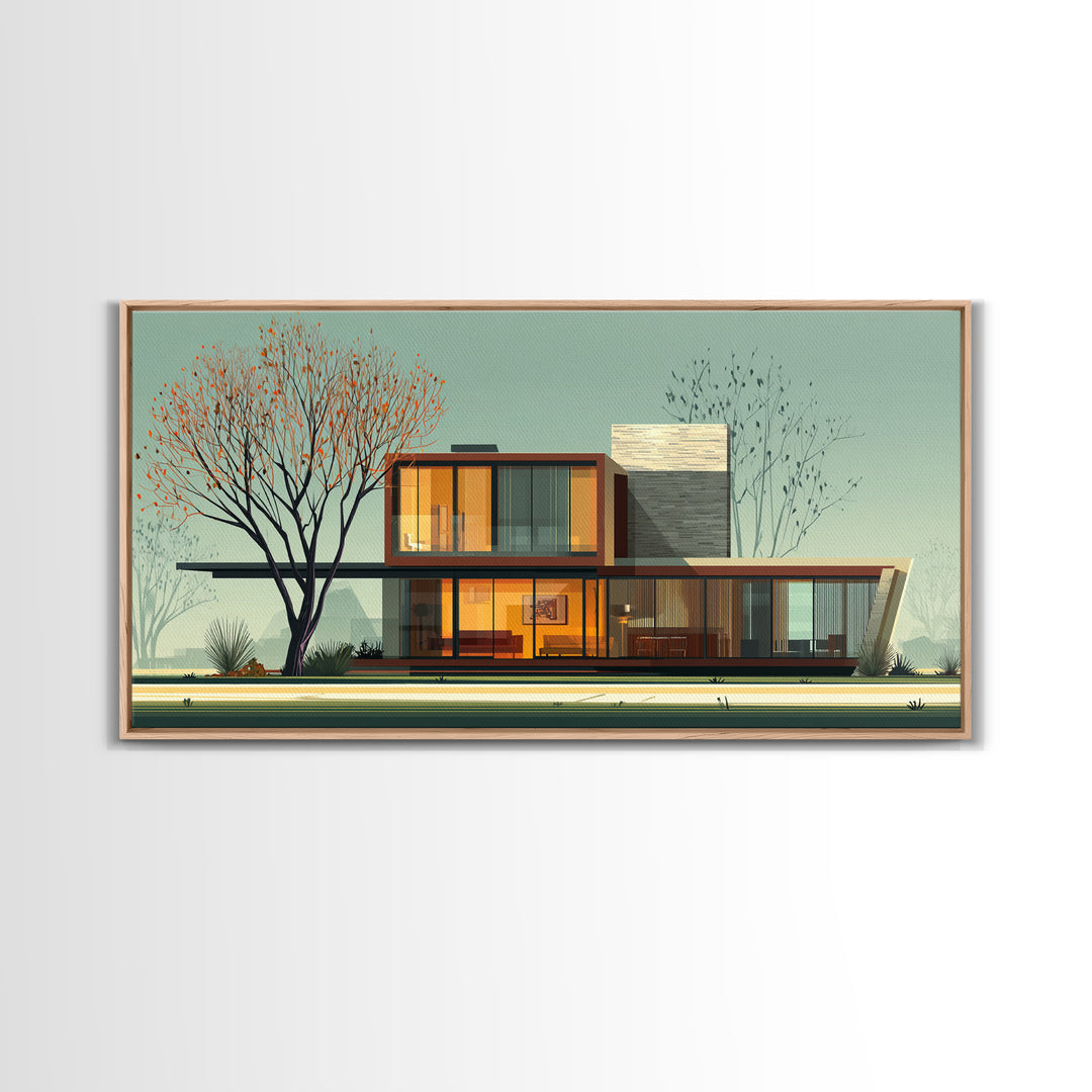 Glass Midcentury House With Autumn Tree Framed Canvas Print, MCM Wall Art, Modern Architecture Poster, Living Room Decor