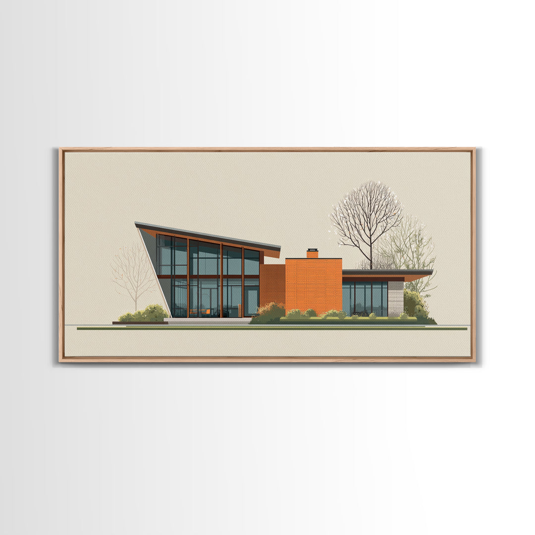 Angular Glass Midcentury Home Canvas Print, Modern Architecture Wall Art, MCM Decor, Retro House Poster For Living Room Decor