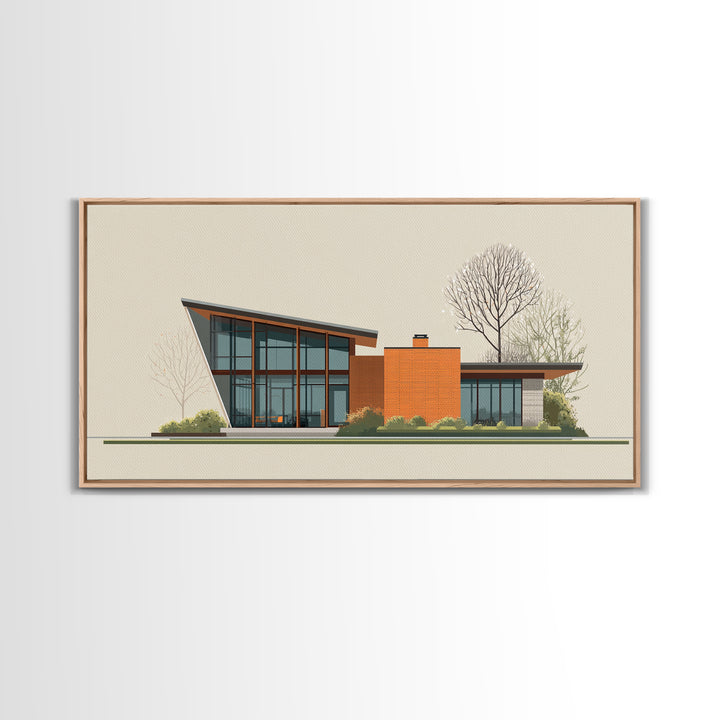 Angular Glass Midcentury Home Canvas Print, Modern Architecture Wall Art, MCM Decor, Retro House Poster For Living Room Decor