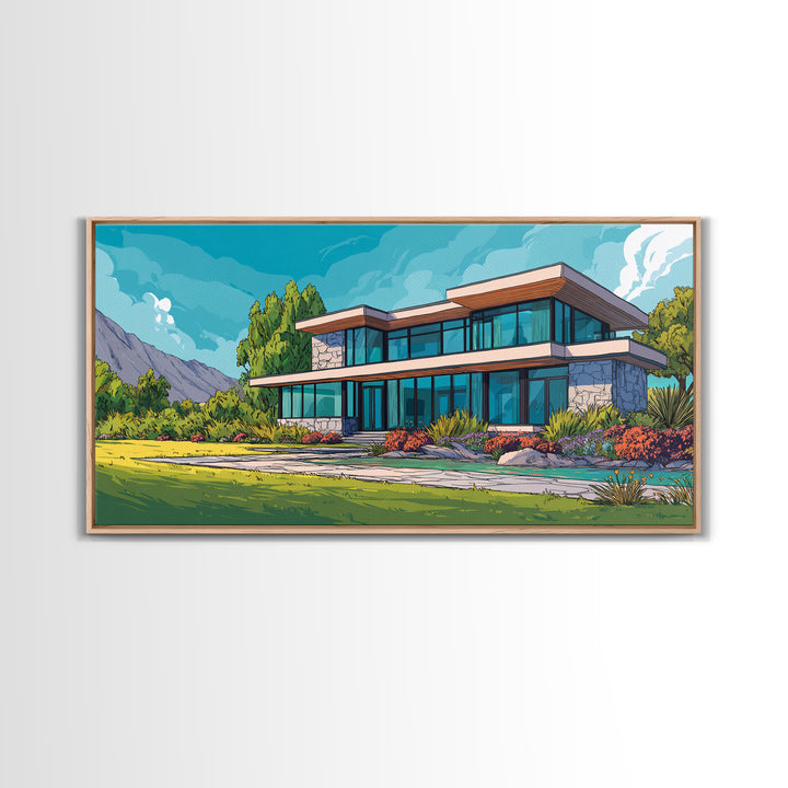 Mountain Modern Glass House Wall Art, Midcentury Modern Architecture Poster, Colorful Landscape Canvas Print, Living Room Decor