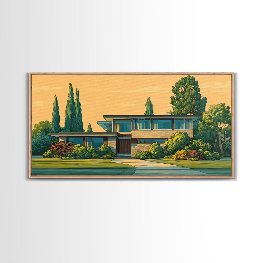 Cypress Garden Midcentury Home Framed Canvas Print, Modern Architecture Wall Art, Retro Palm Springs Decor, Living Room Art
