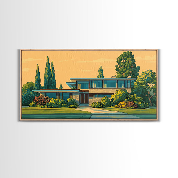 Cypress Garden Midcentury Home Framed Canvas Print, Modern Architecture Wall Art, Retro Palm Springs Decor, Living Room Art