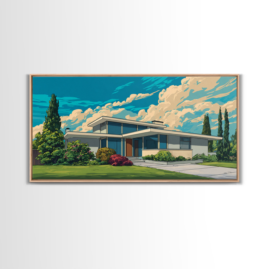 White Midcentury House With Dramatic Clouds Framed Canvas Print, Modern Wall Art, Retro Architecture Poster, Home Office Decor