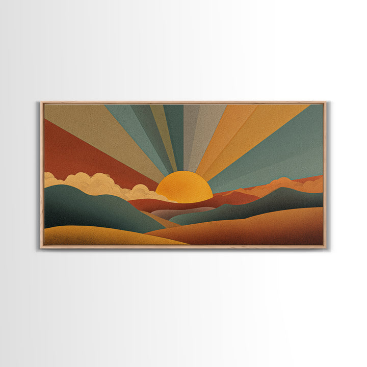 Geometric Retro Sunrise Over Rolling Hills Canvas Print, Midcentury Modern Wall Art, Boho Landscape Poster, Earth Tone Decor