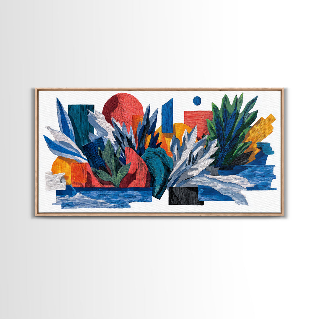 Textured Tropical Leaf Collage Framed Canvas Print, Blue Red Botanical Wall Art, Mid Century Modern Abstract Decor For Living Room
