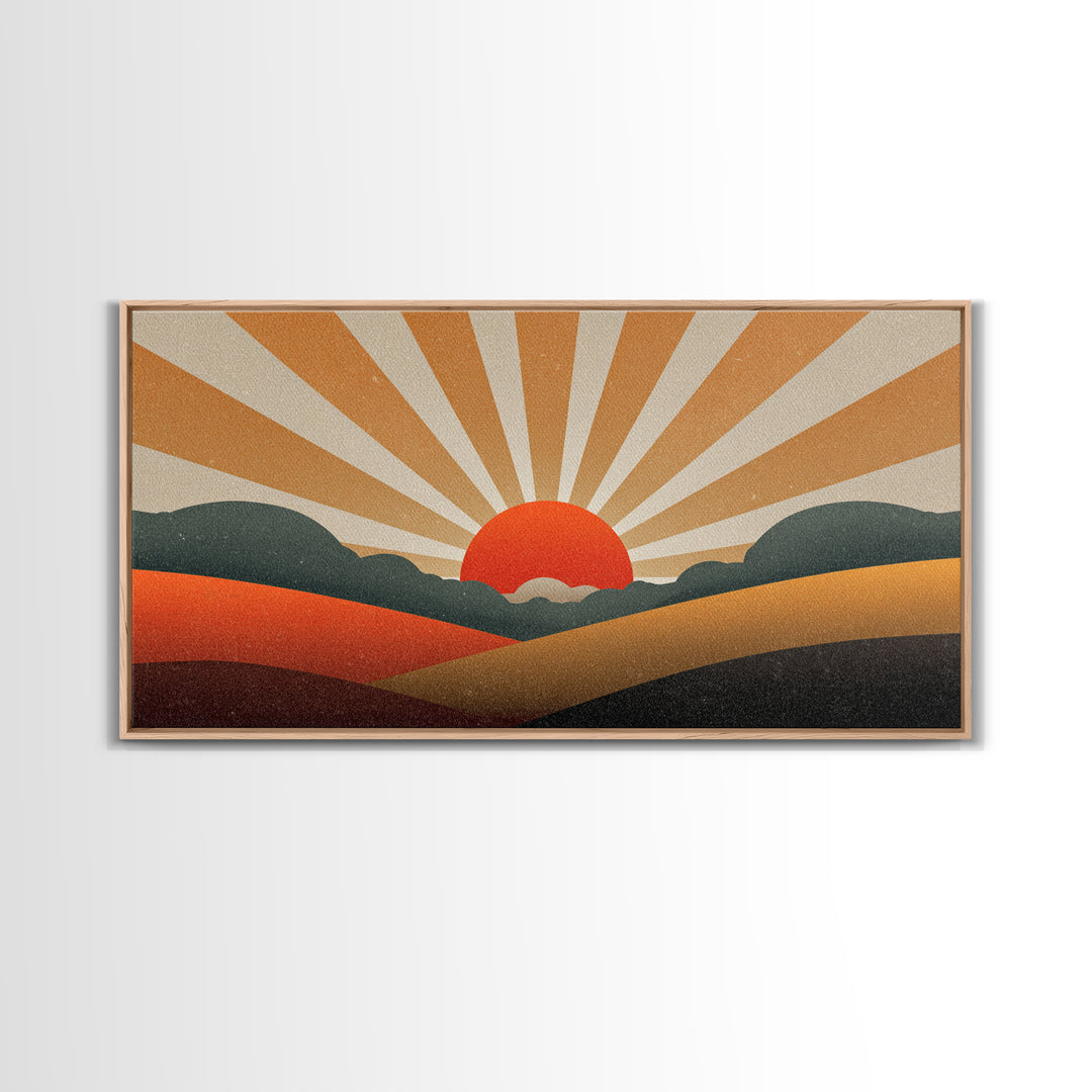 Orange Sunburst Desert Hills Wall Art, Mid Century Modern Canvas, Retro Landscape Poster, MCM Decor, Living Room Print, Home Decor