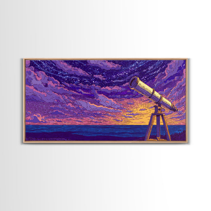 Purple Starry Telescope Ocean Wall Art, Retro Sci Fi Poster, Cosmic Mid Century Modern Decor, Space Astronomy Canvas Print