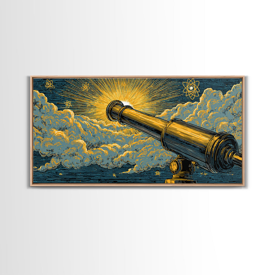 Golden Telescope Atomic Clouds Wall Art, Mid Century Modern Space Decor, Retro Astronomy Poster, MCM Canvas Print For Office