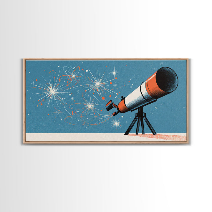 Atomic Telescope Blue Sky Canvas Print, Retro Space Wall Art, Mid Century Modern Astronomy Poster, MCM Nursery Office Decor