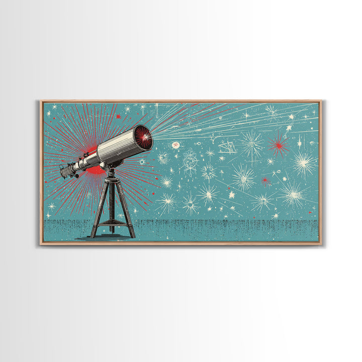Teal Atomic Telescope Starburst Wall Art, Mid Century Modern Space Poster, Retro Sci Fi Canvas Print, Office Decor Gift Idea