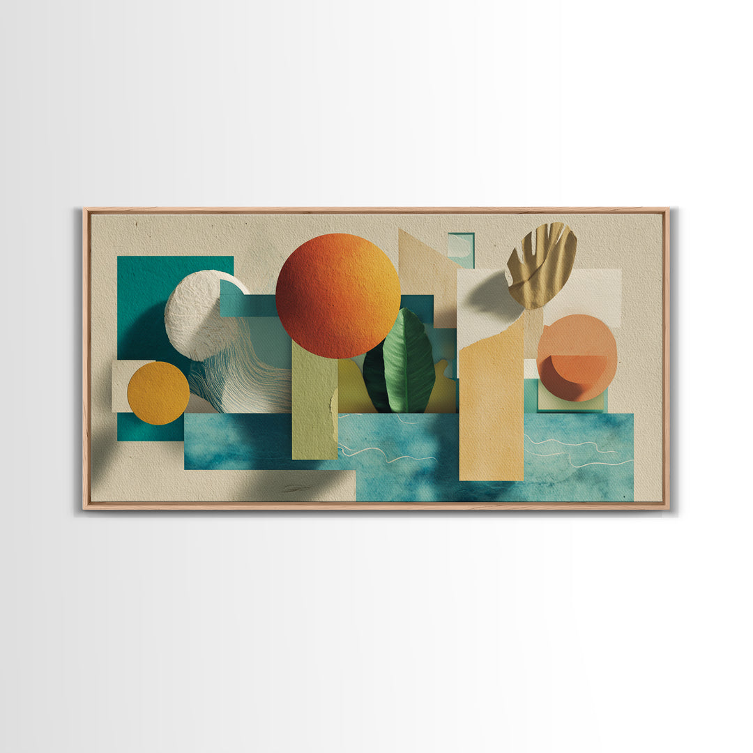 Neutral Teal Orange Geometric Still Life Wall Art, Mid Century Modern Canvas Print, Botanical Shapes, Coastal Home Decor