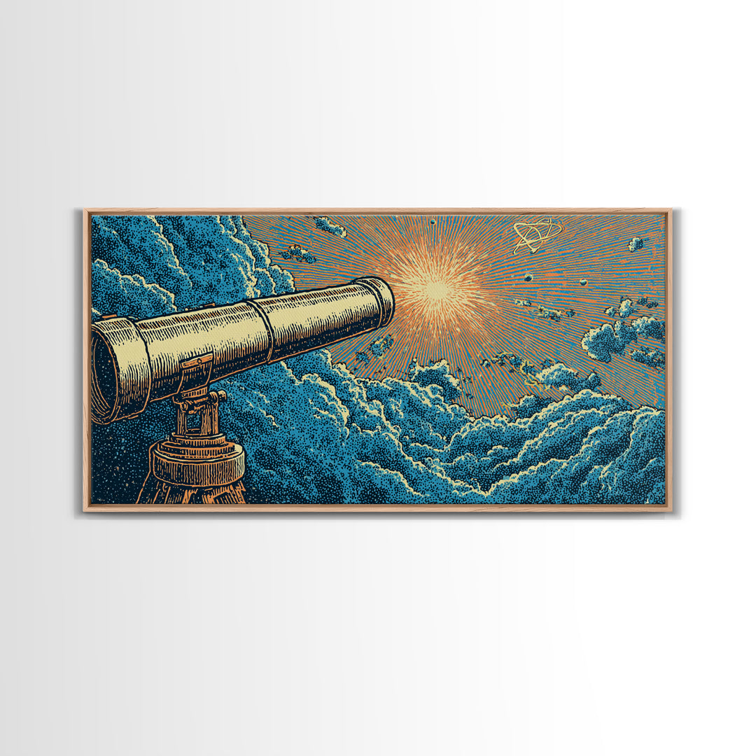 Blue Cloud Telescope Sunburst Framed Canvas Print, Retro Astronomy Wall Art, Mid Century Modern Space Poster, Office Decor