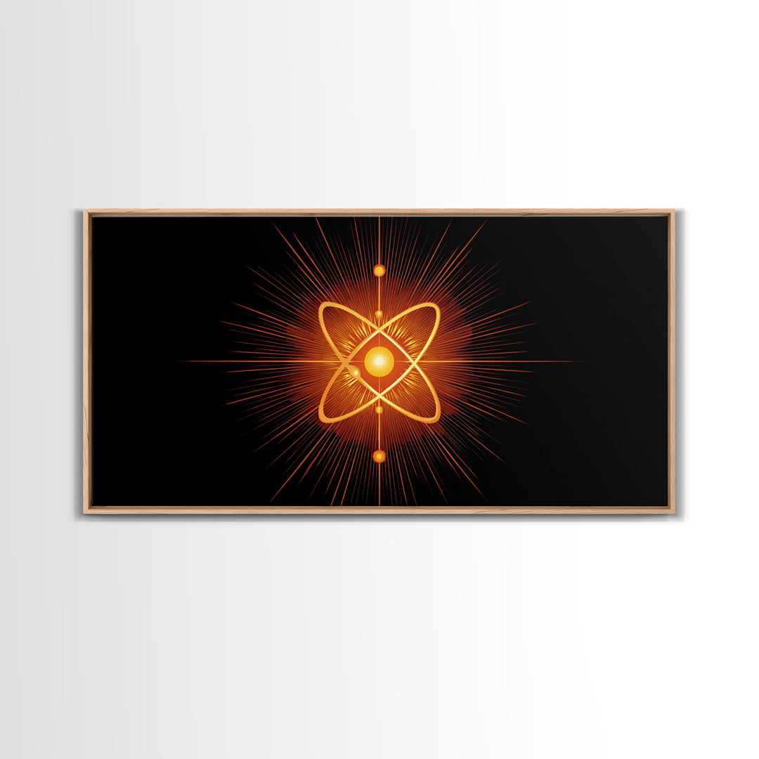 Glowing Orange Atom Wall Art, Black Space Abstract Poster, Mid Century Modern Science Decor, Atomic MCM Canvas Print Gift