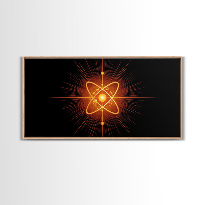 Glowing Orange Atom Wall Art, Black Space Abstract Poster, Mid Century Modern Science Decor, Atomic MCM Canvas Print Gift