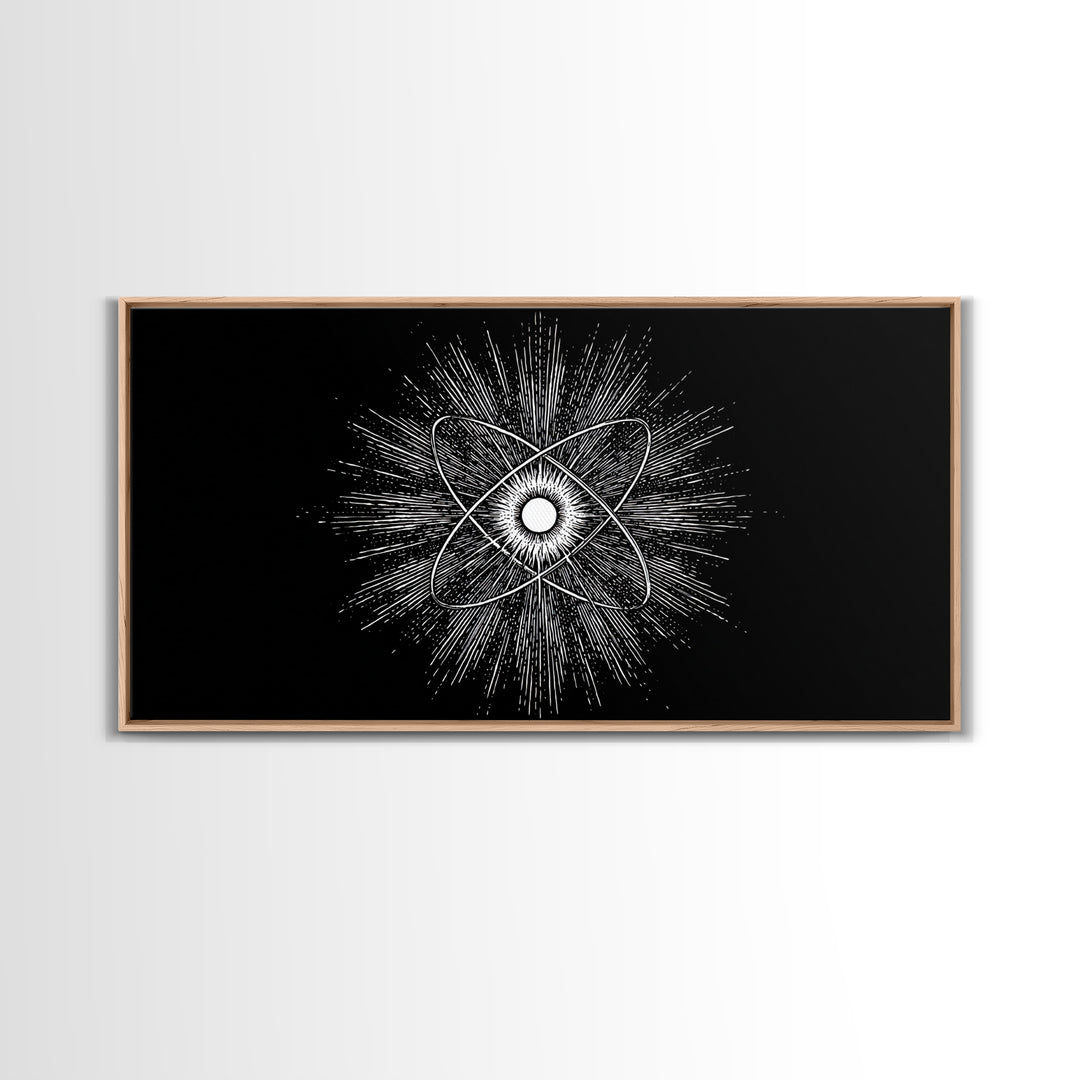Black And White Atomic Burst Wall Art, Modern Abstract Science Poster, Mid Century Modern Decor, Monochrome Canvas Print