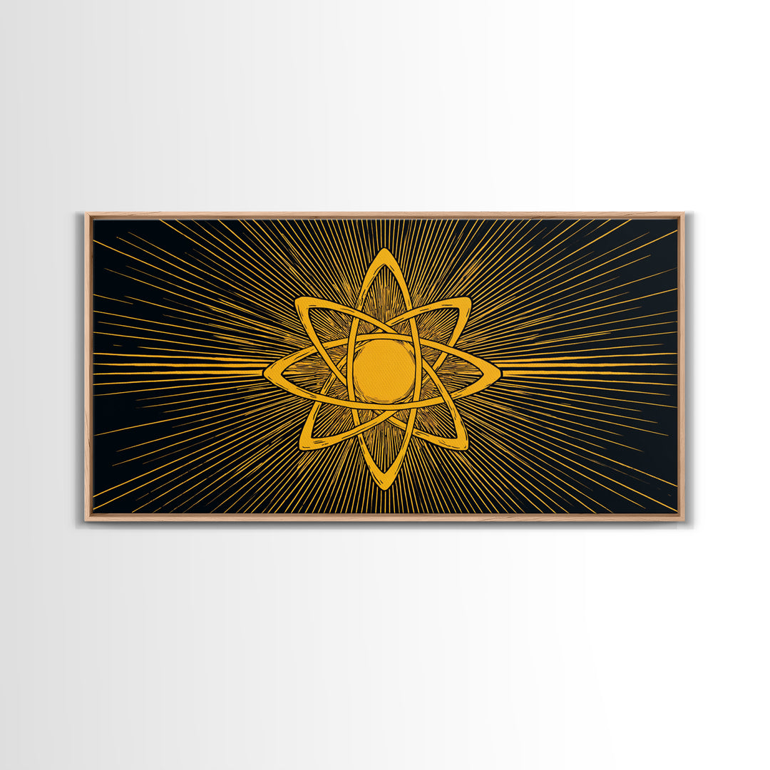 Gold Atomic Rays Canvas Print, Black Mid Century Modern Science Poster, Retro Space Wall Art, Bold Geometric MCM Decor Gift