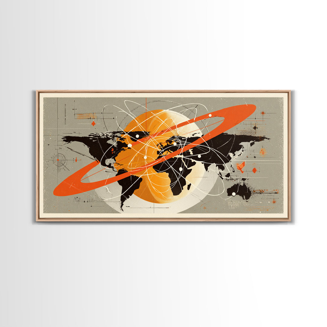 Retro Atomic World Map Wall Art, Mid Century Modern Travel Poster, Orange Black Science Decor, Geometric Canvas Print Gift