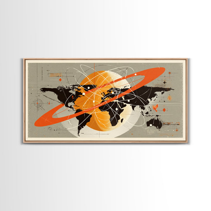 Retro Atomic World Map Wall Art, Mid Century Modern Travel Poster, Orange Black Science Decor, Geometric Canvas Print Gift