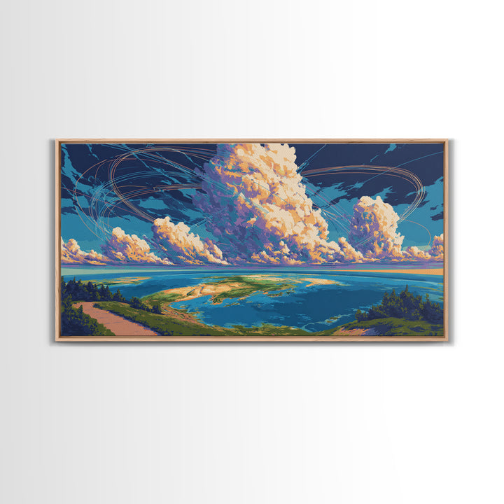 Cloudy Coastal Lagoon Wall Art, Modern Landscape Canvas Print, Blue Tropical Travel Poster, Scenic Lake House Decor Gift