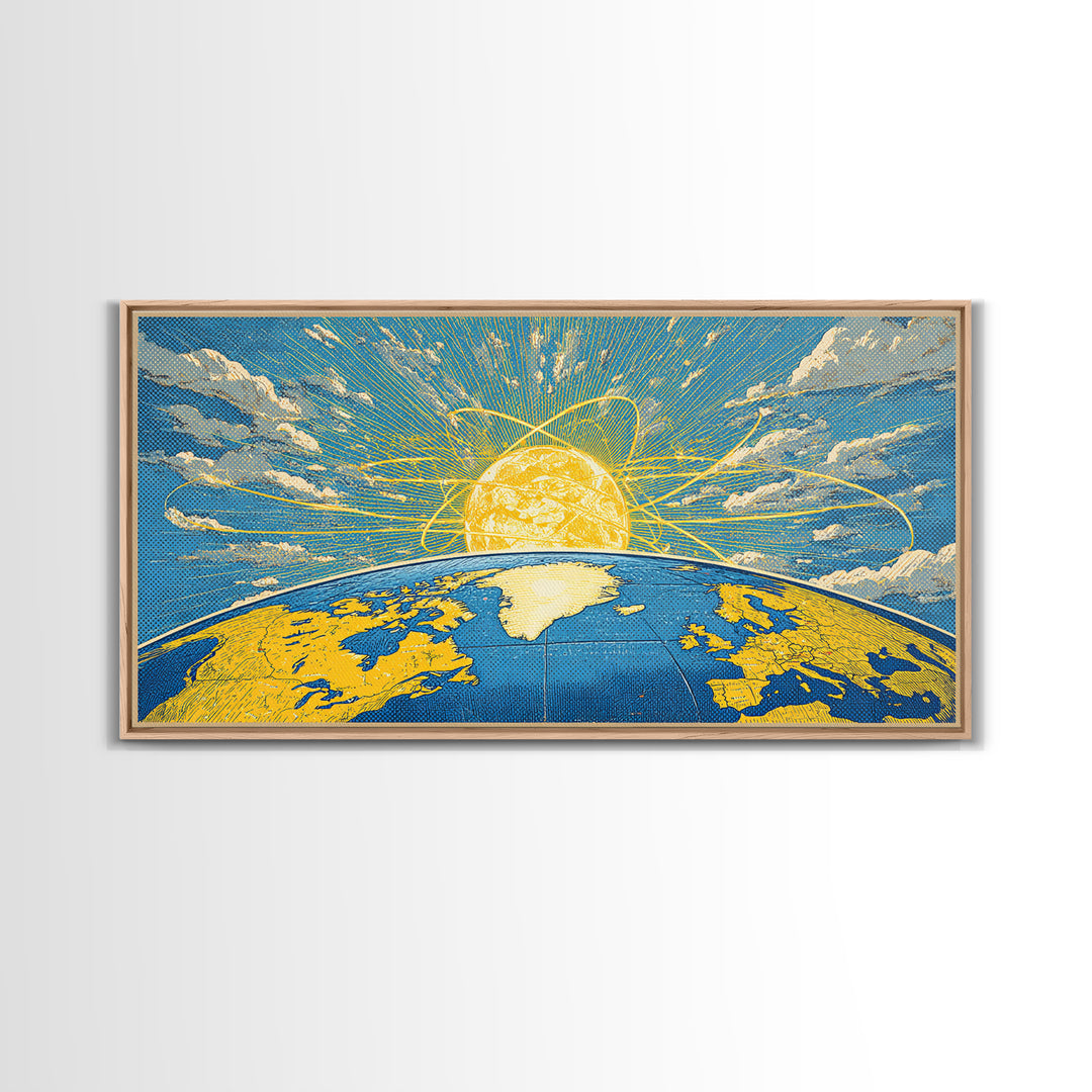 Atomic Earth Sunrise Wall Art, Blue Yellow Retro Science Poster, Mid Century Modern Space Decor, Celestial Canvas Print Gift
