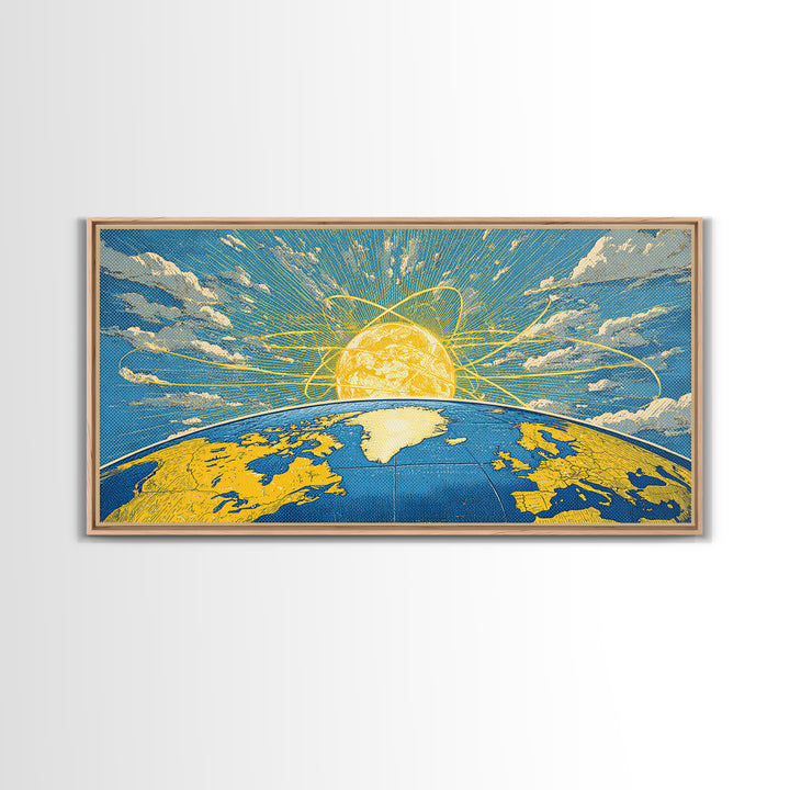 Atomic Earth Sunrise Wall Art, Blue Yellow Retro Science Poster, Mid Century Modern Space Decor, Celestial Canvas Print Gift