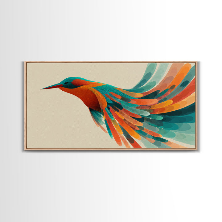 Colorful Hummingbird In Flight Canvas Print, Midcentury Modern Bird Art, Tropical Nature Decor, Vibrant Living Room Wall Art
