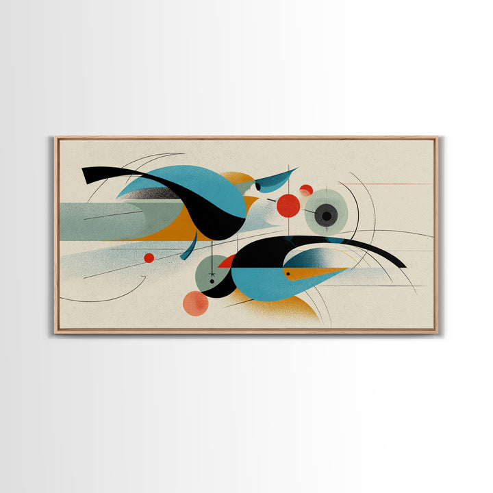 Geometric Abstract Birds Wall Art, Midcentury Modern Shapes Print, Bauhaus Inspired Decor, Teal Orange Living Room Art Print