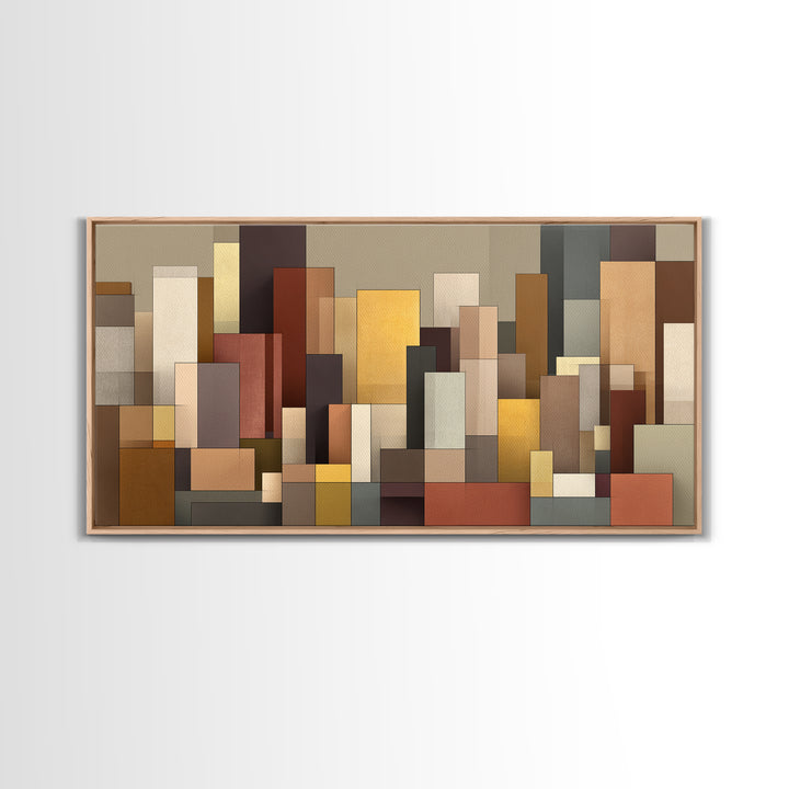 Earth Tone Geometric City Wall Art, Modern Abstract Skyline Print, Midcentury Decor, Neutral Brown Living Room Art Print