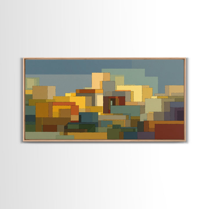 Abstract City Blocks In Muted Teal And Ochre Wall Art, Mid Century Modern Print, Geometric Home Decor, Living Room Artwork
