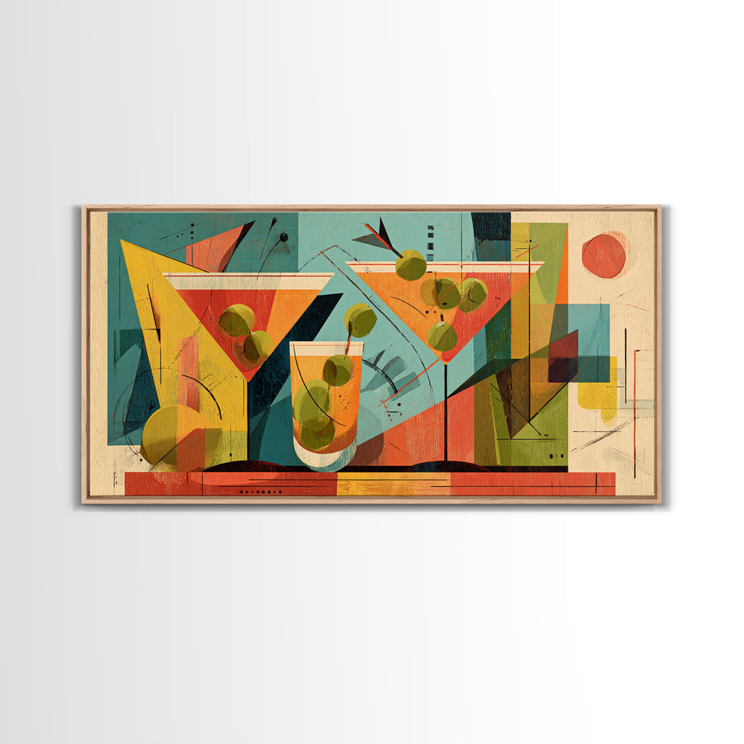 Midcentury Martini Glasses And Olives Wall Art, Atomic Cocktail Poster Print, Retro Bar Decor, Geometric Modern Home Decor
