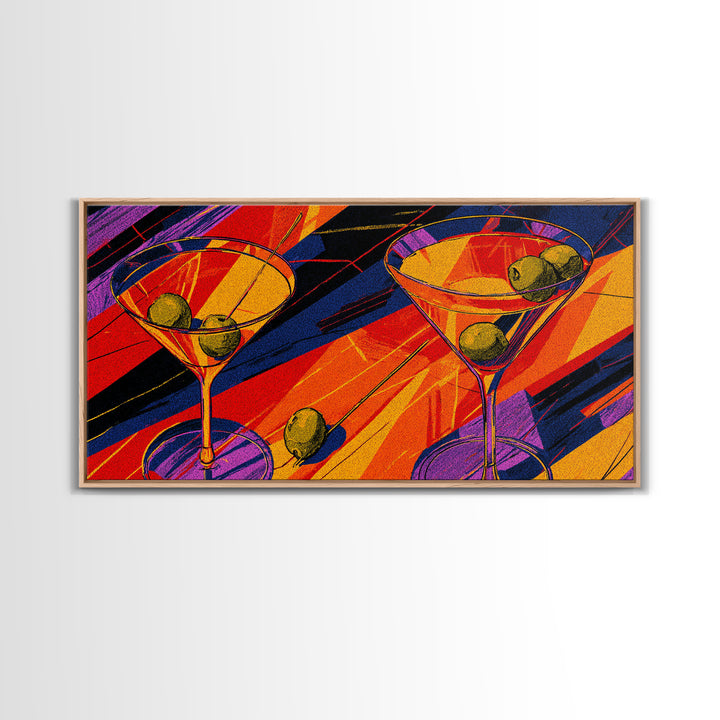 Bold Pop Art Martini Glasses With Olives Canvas Print, Retro Cocktail Poster, Colorful Bar Cart Decor, Modern Kitchen Wall Art