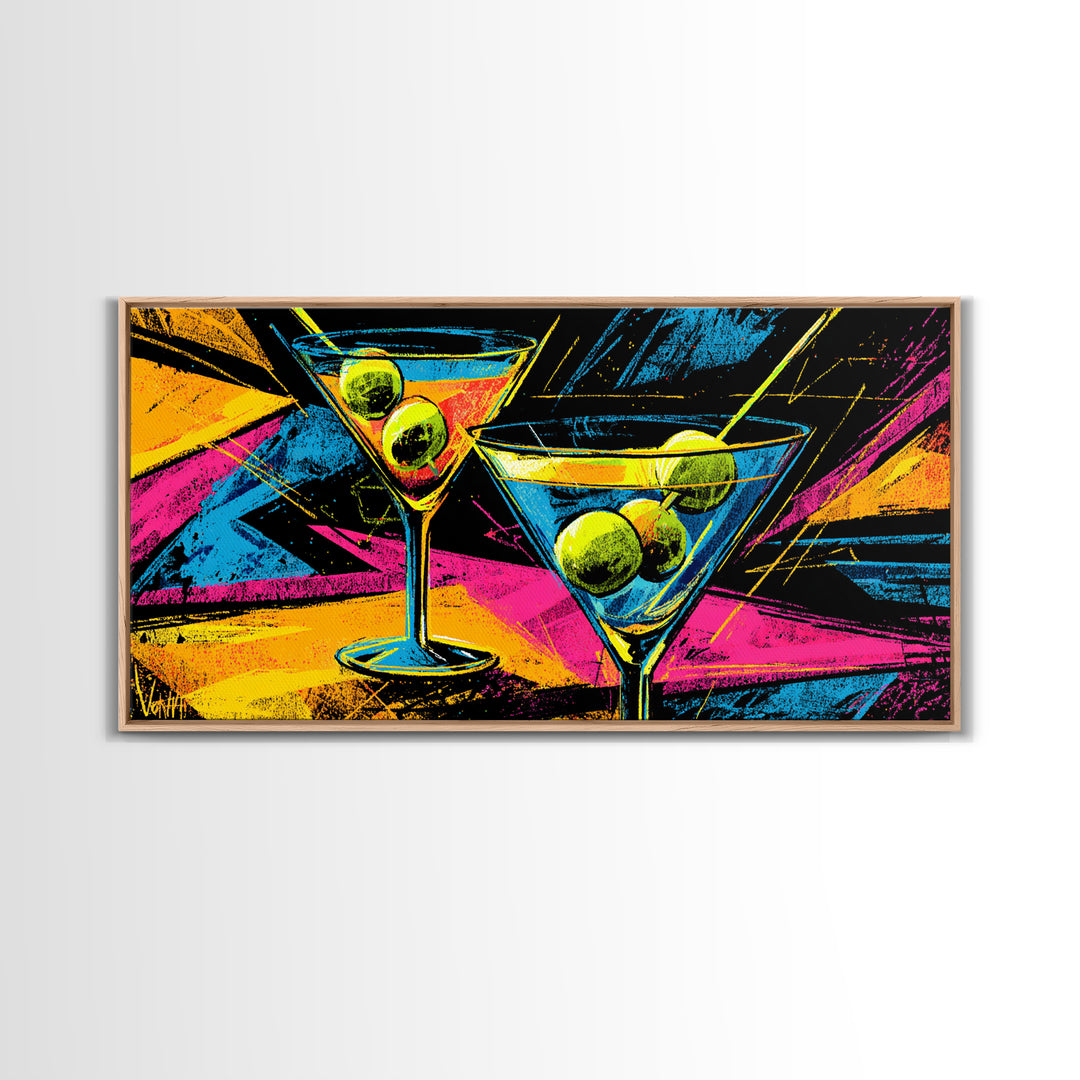 Neon Martini Glasses With Olives Canvas Print, Retro Bar Art, Vibrant Cocktail Poster, Funky Wall Decor For Kitchen Lounge