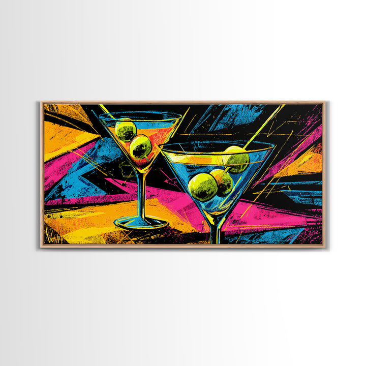 Neon Martini Glasses With Olives Canvas Print, Retro Bar Art, Vibrant Cocktail Poster, Funky Wall Decor For Kitchen Lounge