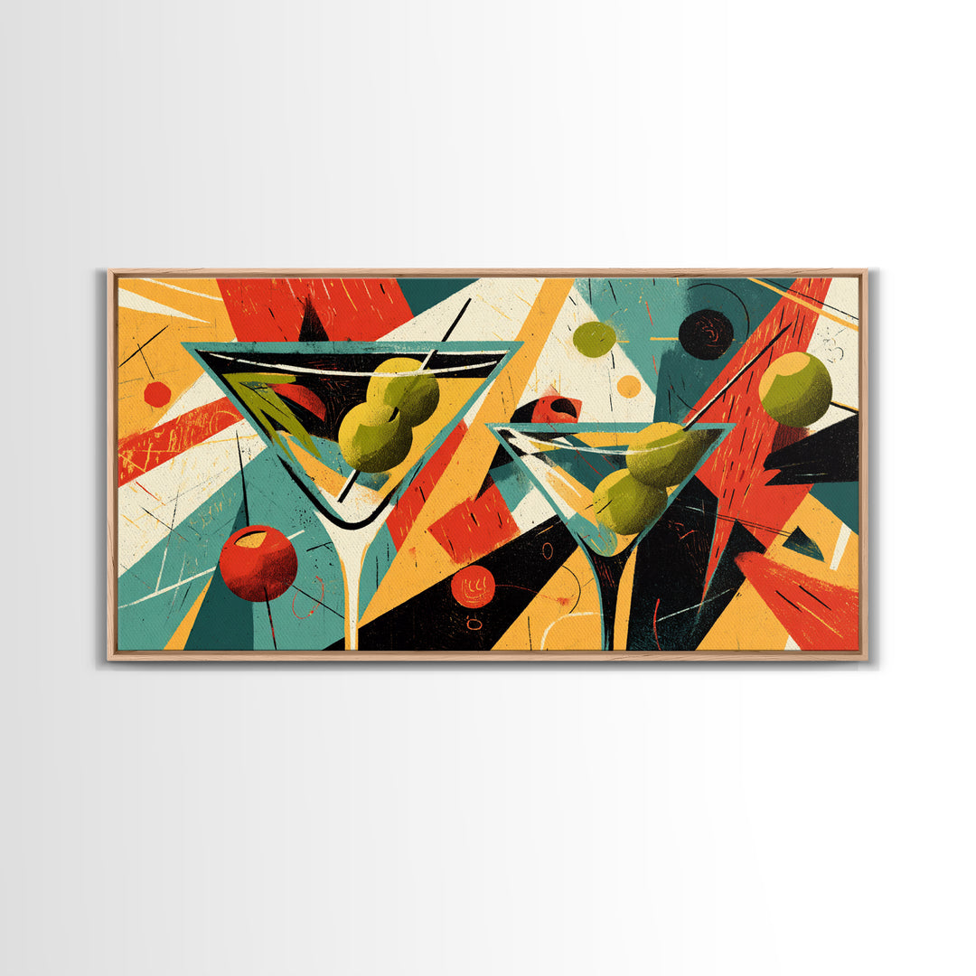 Retro Martini Glasses With Olives And Oranges Wall Art, Midcentury Modern Cocktail Poster, Atomic Bar Decor, Kitchen Art Print