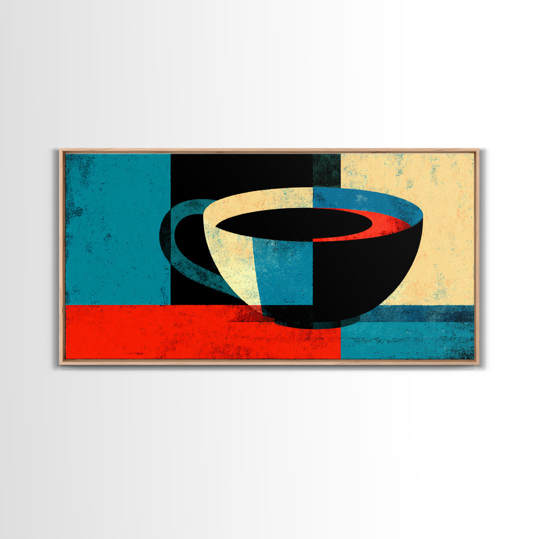 Modern Abstract Coffee Cup In Teal And Red Wall Art, Mid Century Kitchen Decor, Minimalist Coffee Poster, Bold Geometric Print