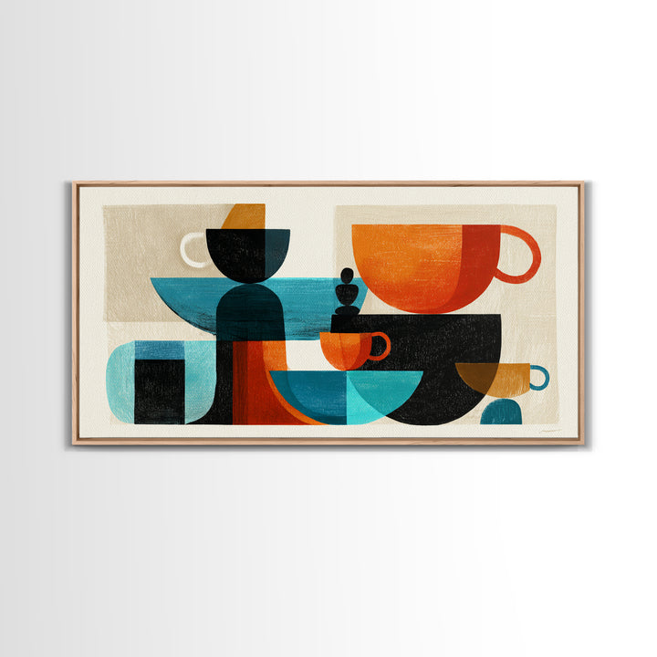 Geometric Coffee Cups Still Life Canvas Print, Midcentury Modern Kitchen Decor, Retro Cafe Wall Art, Teal Orange MCM Poster