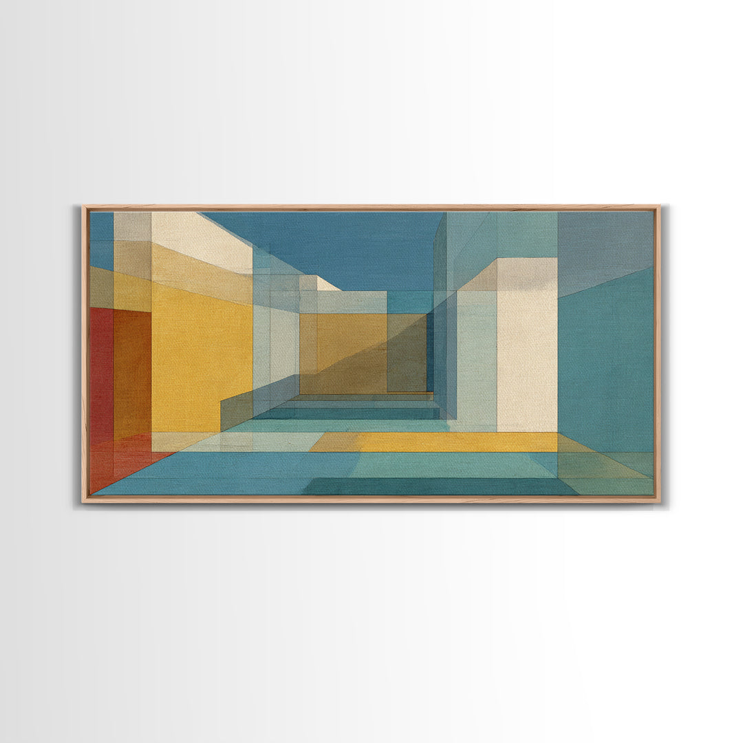 Abstract Desert Passage Wall Art, Geometric Architecture Canvas Print, Midcentury Modern Decor, Teal Gold Perspective Poster