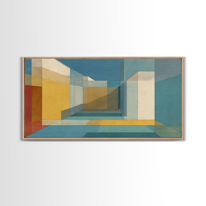 Abstract Desert Passage Wall Art, Geometric Architecture Canvas Print, Midcentury Modern Decor, Teal Gold Perspective Poster