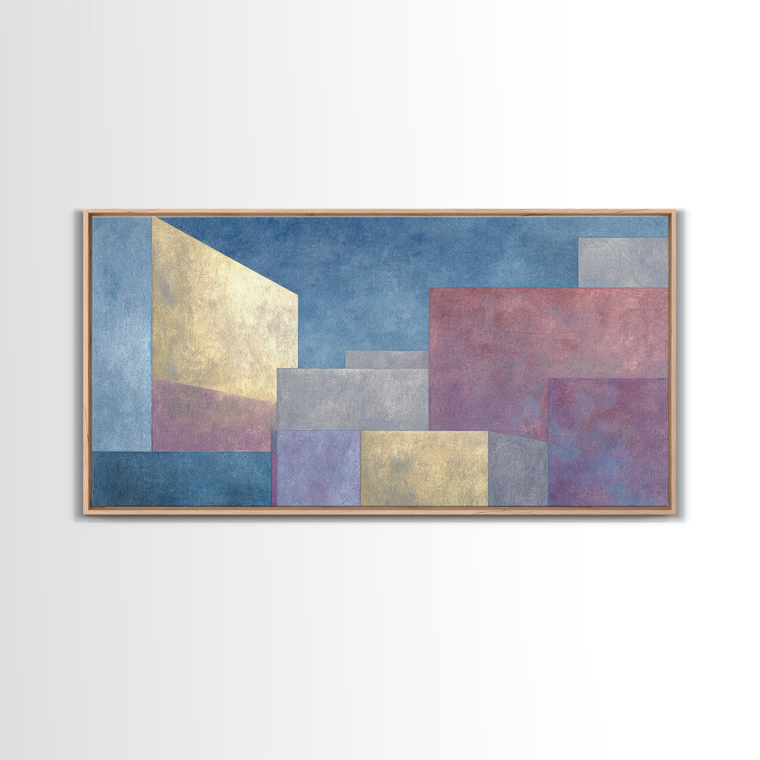 Pastel Architectural Blocks Wall Art, Minimal Geometric Modern Decor, Blue Purple Abstract Framed Canvas Print For Office