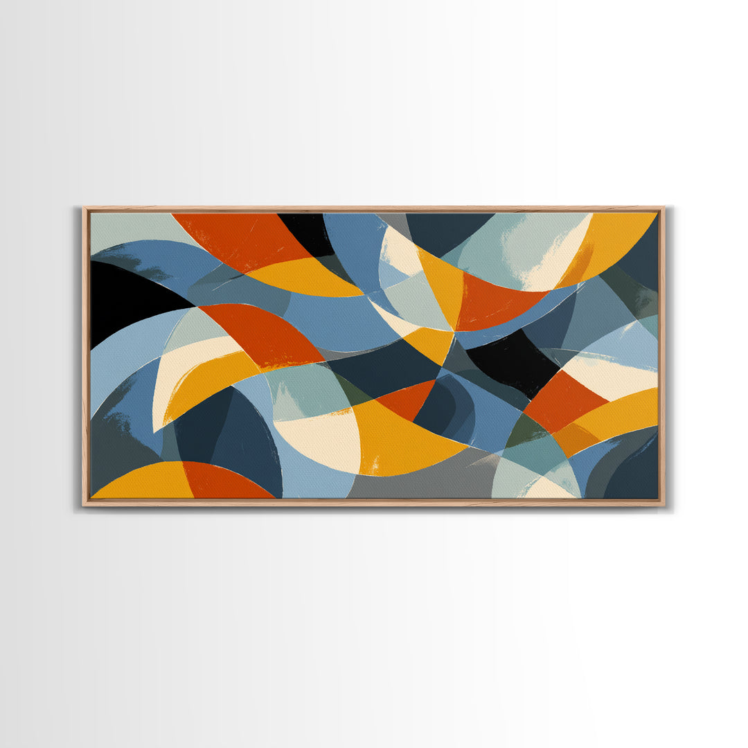 Blue Orange And Golden Crescent Geometry Wall Art, Midcentury Modern Abstract Art Print, Retro MCM Decor For Office And Home