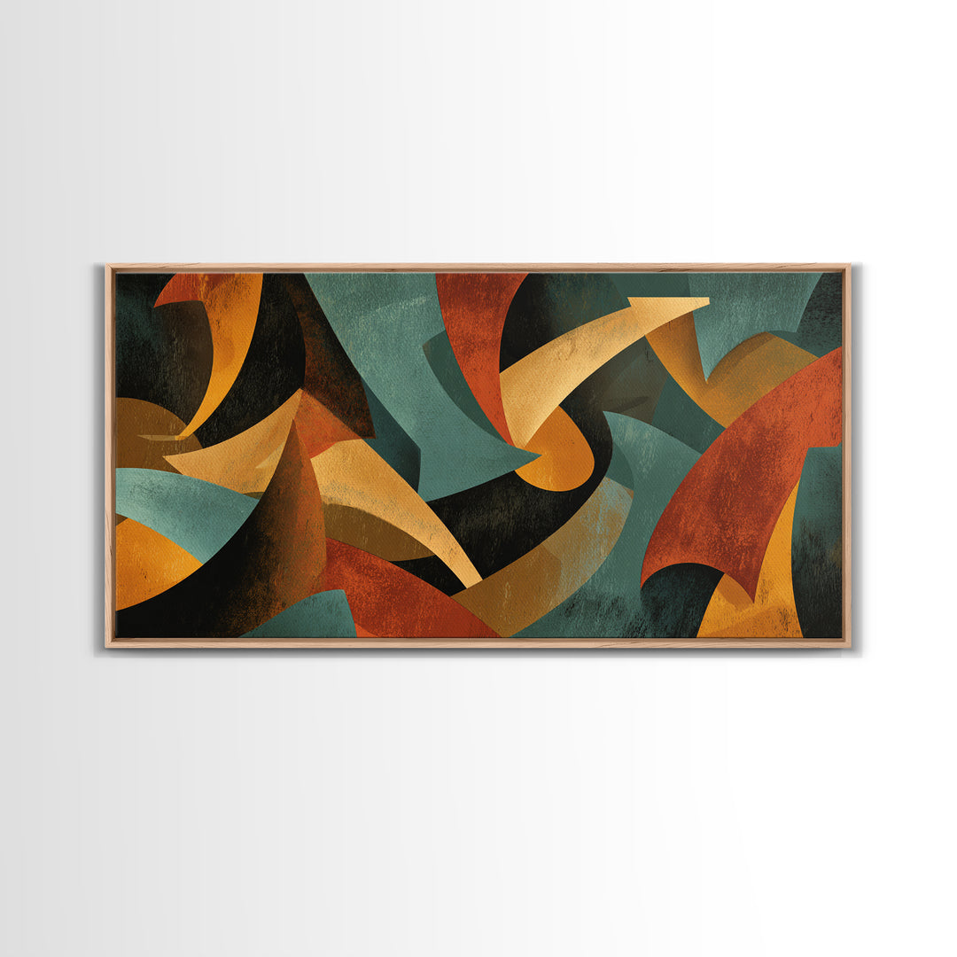 Burnt Orange Teal And Black Sweeping Forms Framed Canvas Print, Midcentury Modern Wall Art, Abstract Retro Decor For Living Room