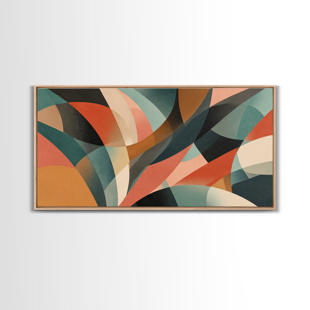 Coral Teal Rust And Cream Layered Curves Wall Art, Midcentury Modern Abstract Art Print, Retro Geometric Home Decor For Bedroom