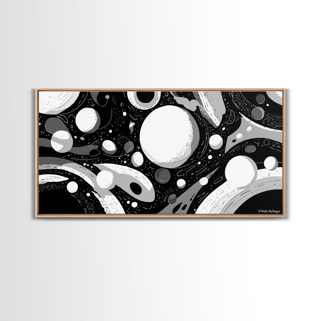 Black White And Gray Cosmic Bubbles Wall Art, Modern Abstract Art Print, Retro Sci Fi Space Decor For Office Or Game Room